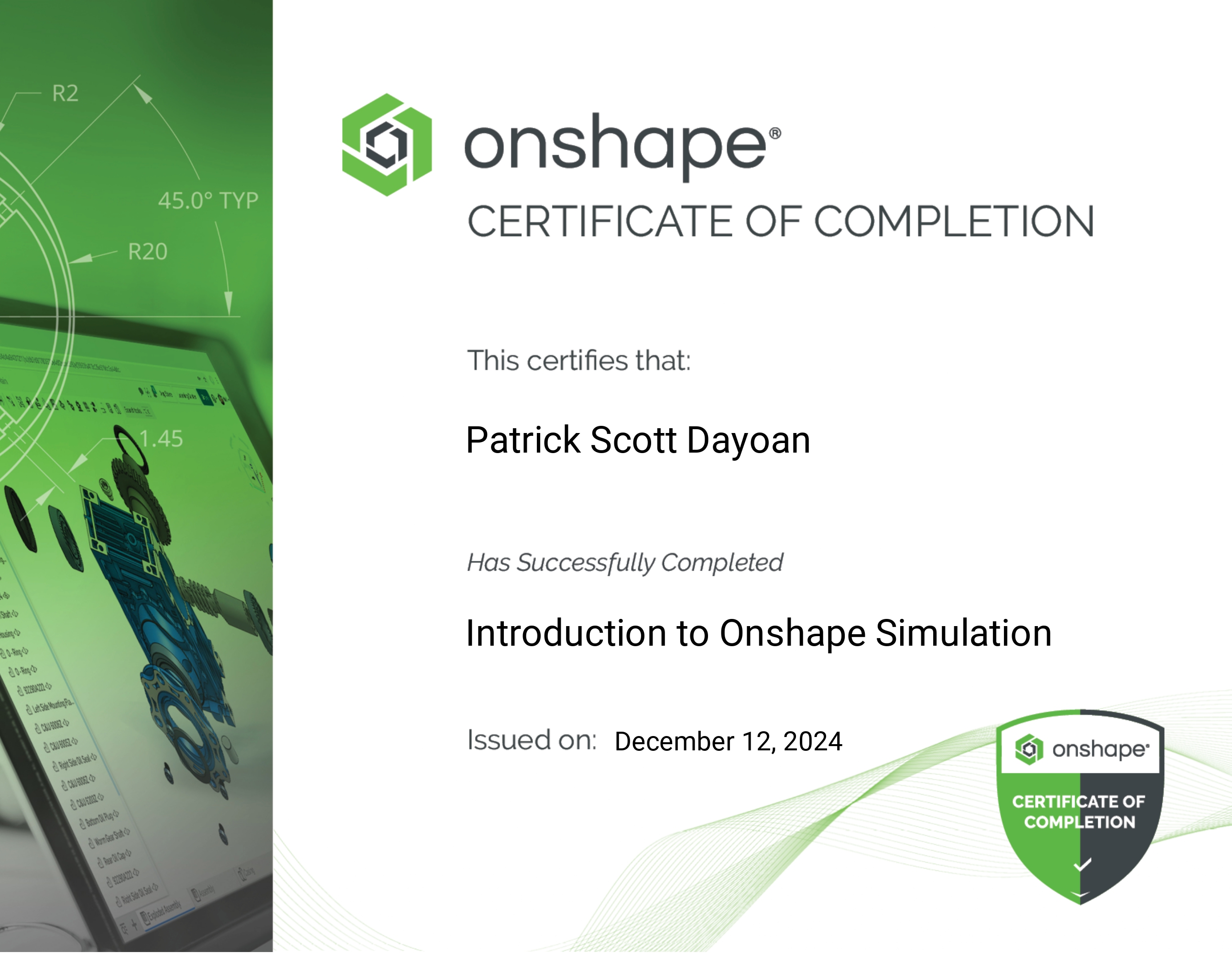 Onshape — Introduction to Simulation certificate
