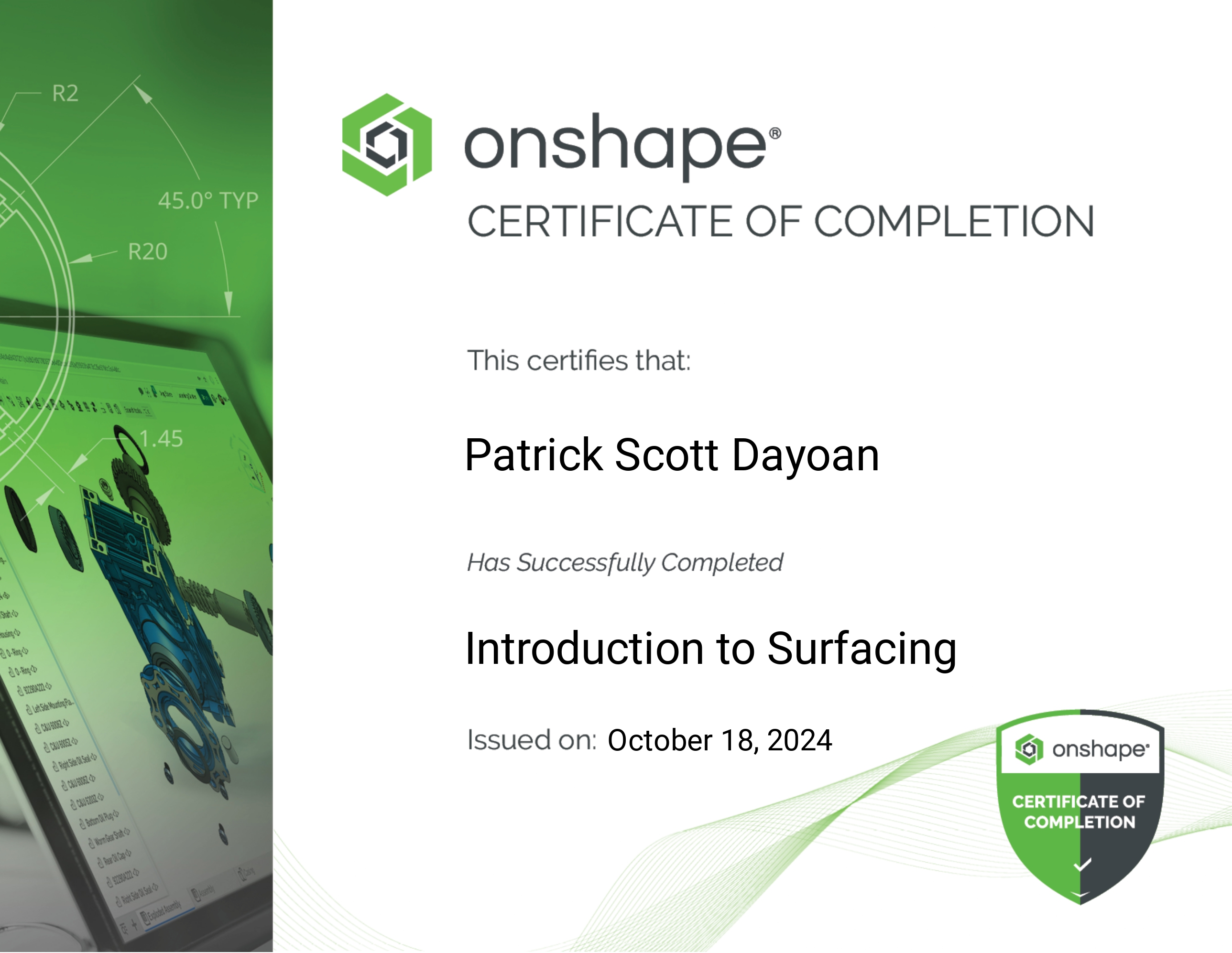 Onshape — Introduction to Surfacing certificate