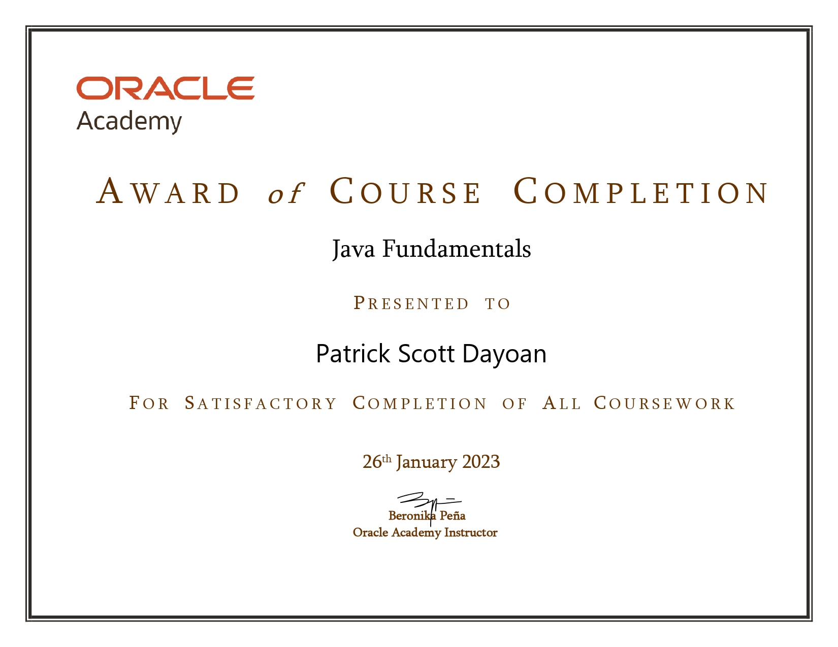 Oracle Academy — Java Fundamentals certificate